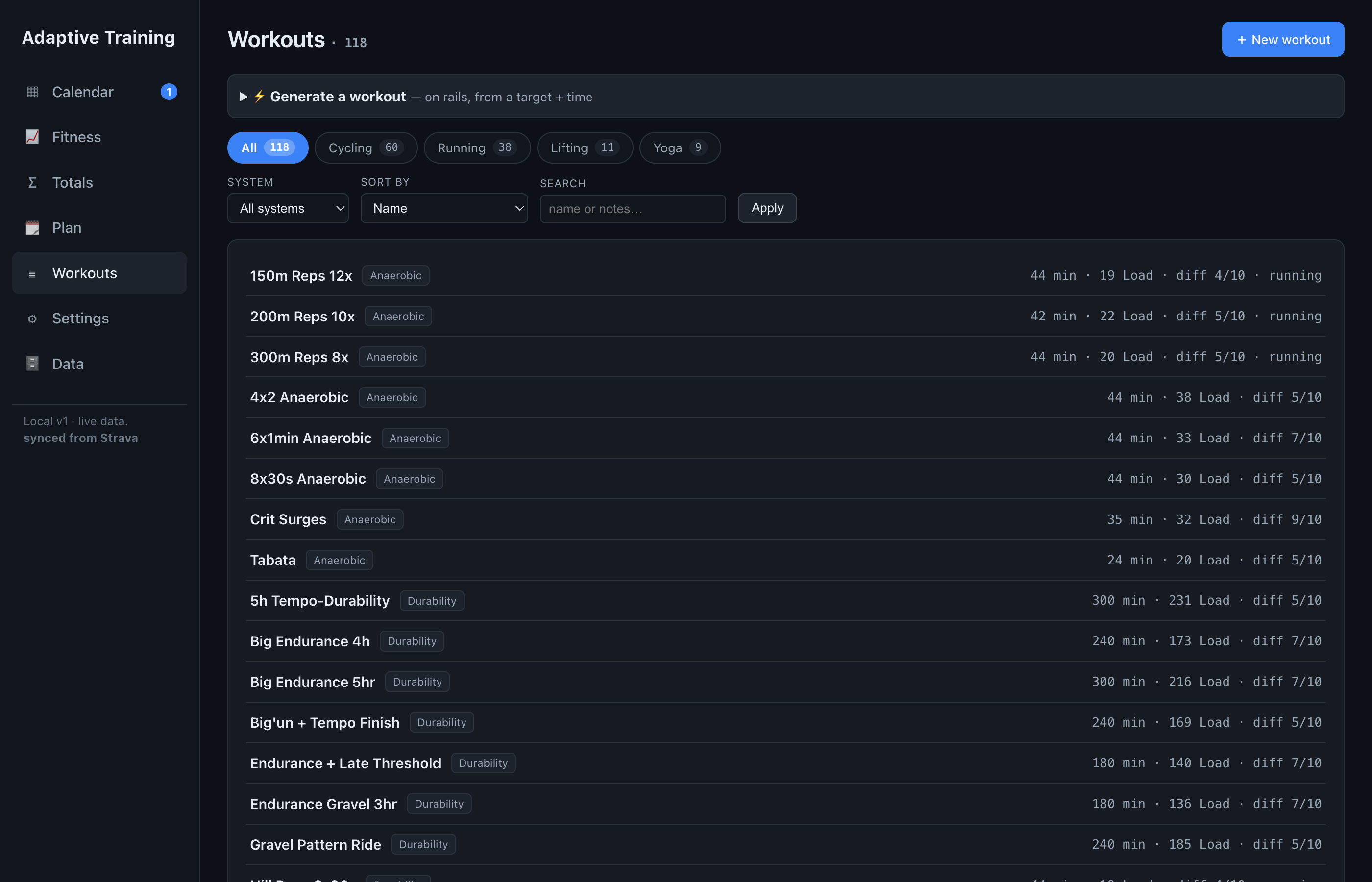 Adaptive Training workout library — sessions filterable by sport, exportable to Zwift, Garmin, Wahoo, and TrainerRoad